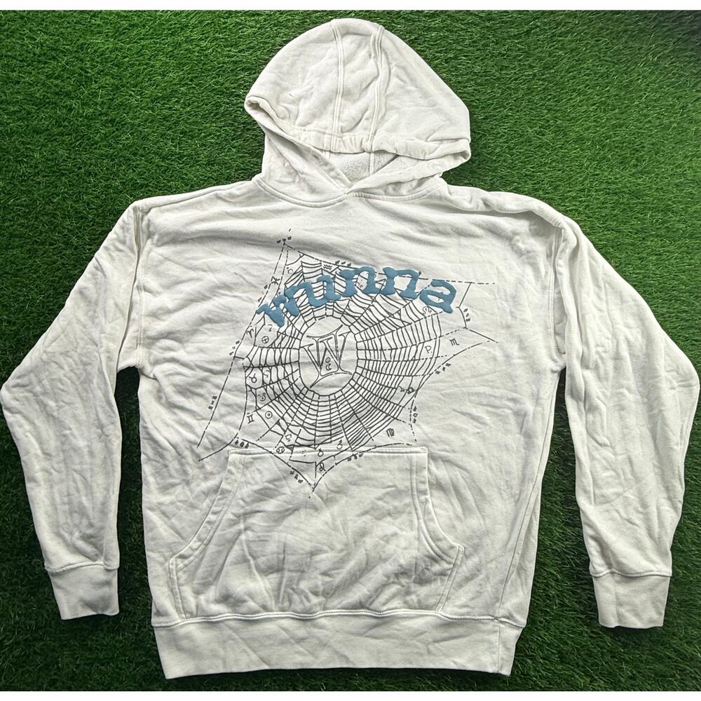 Manna Spider Web Graphic Pullover Hoodie White XL Kangaroo Pkt Fleece Unisex Y2K